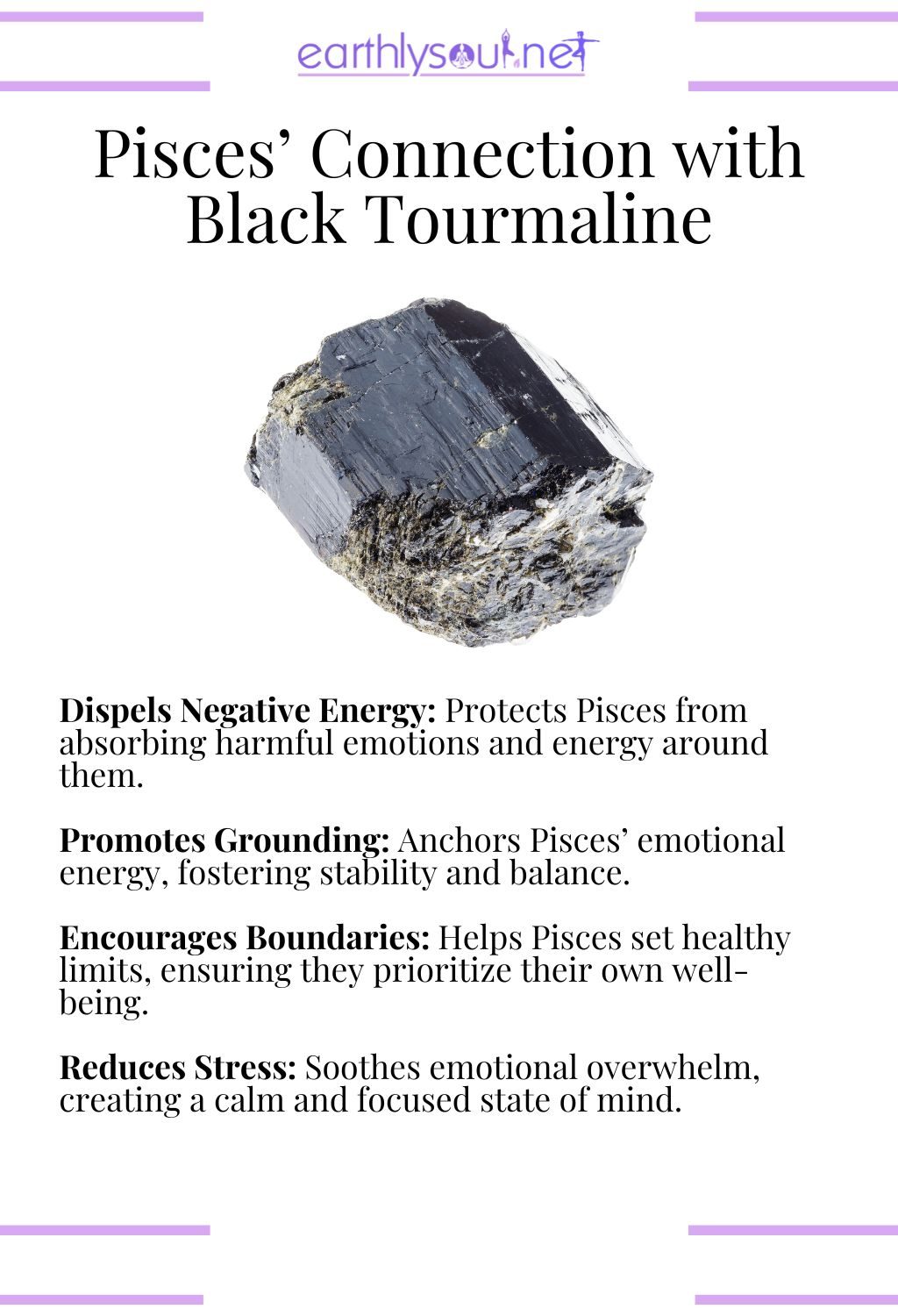 Black tourmaline crystal, dispelling negative energy and promoting grounding, perfect for pisces zodiac signs facing challenges.