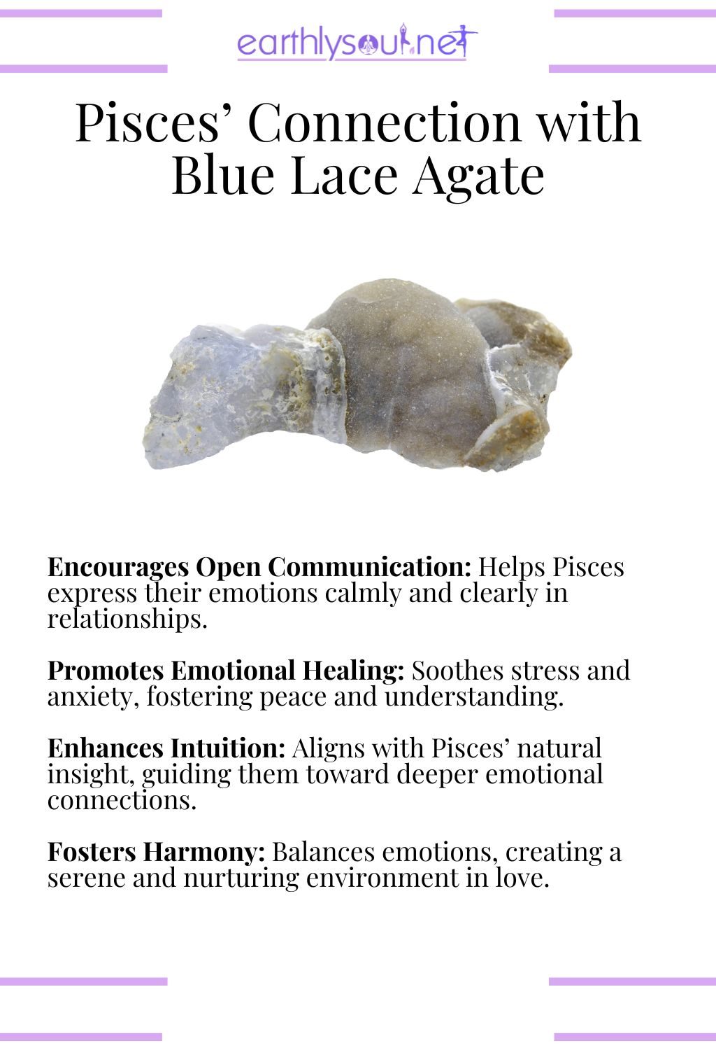 Blue lace agate crystal, encouraging open communication and promoting emotional healing, ideal for pisces zodiac signs in relationships.