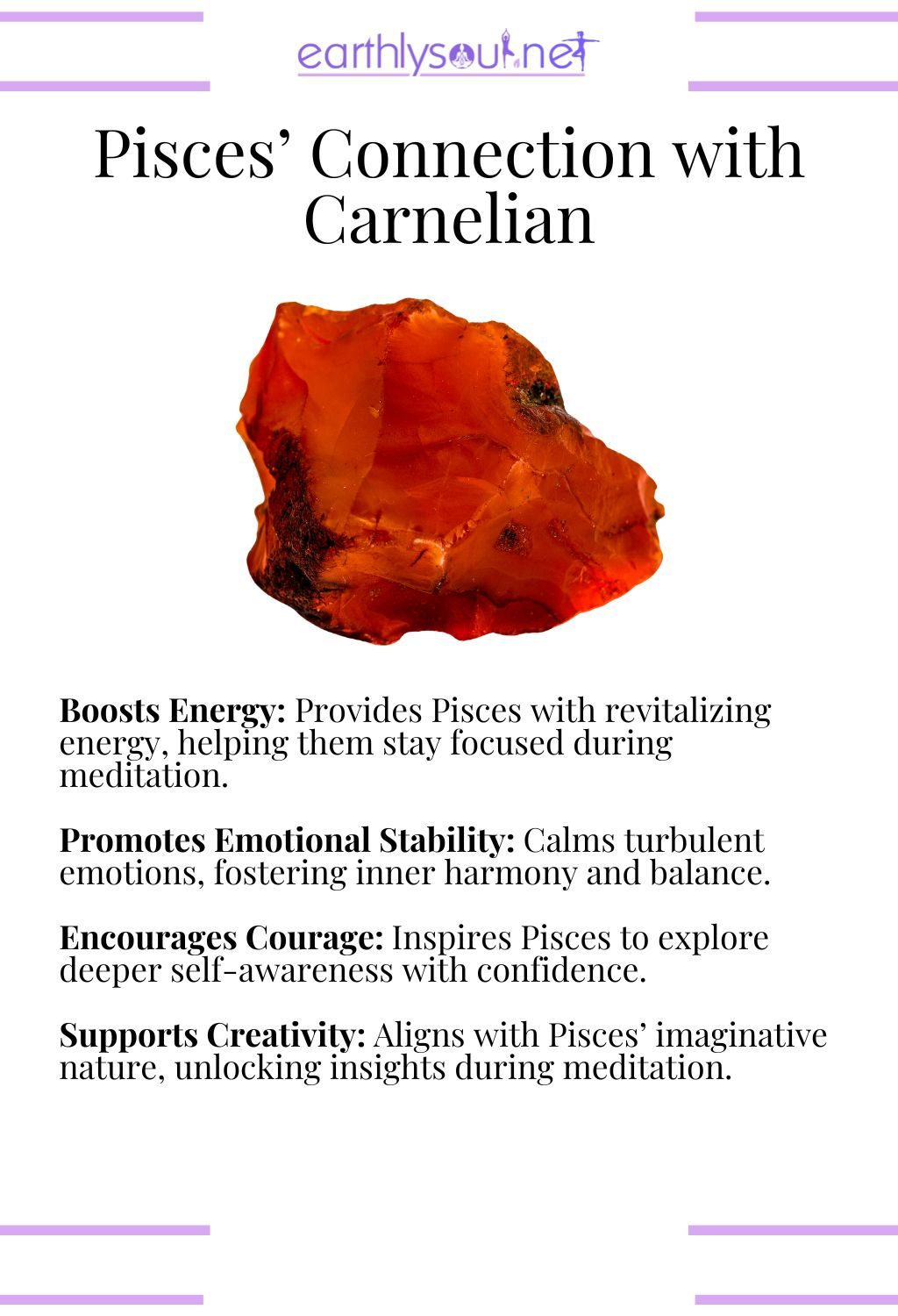 Carnelian crystal, boosting energy and promoting emotional stability, ideal for pisces meditation.