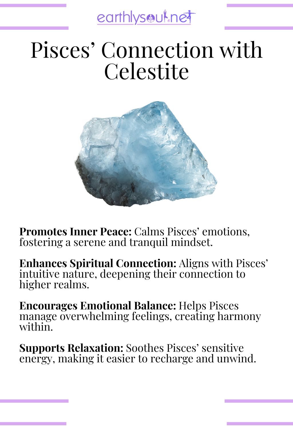 Celestite crystal, promoting inner peace and enhancing spiritual connection, perfect for pisces zodiac signs seeking serenity.