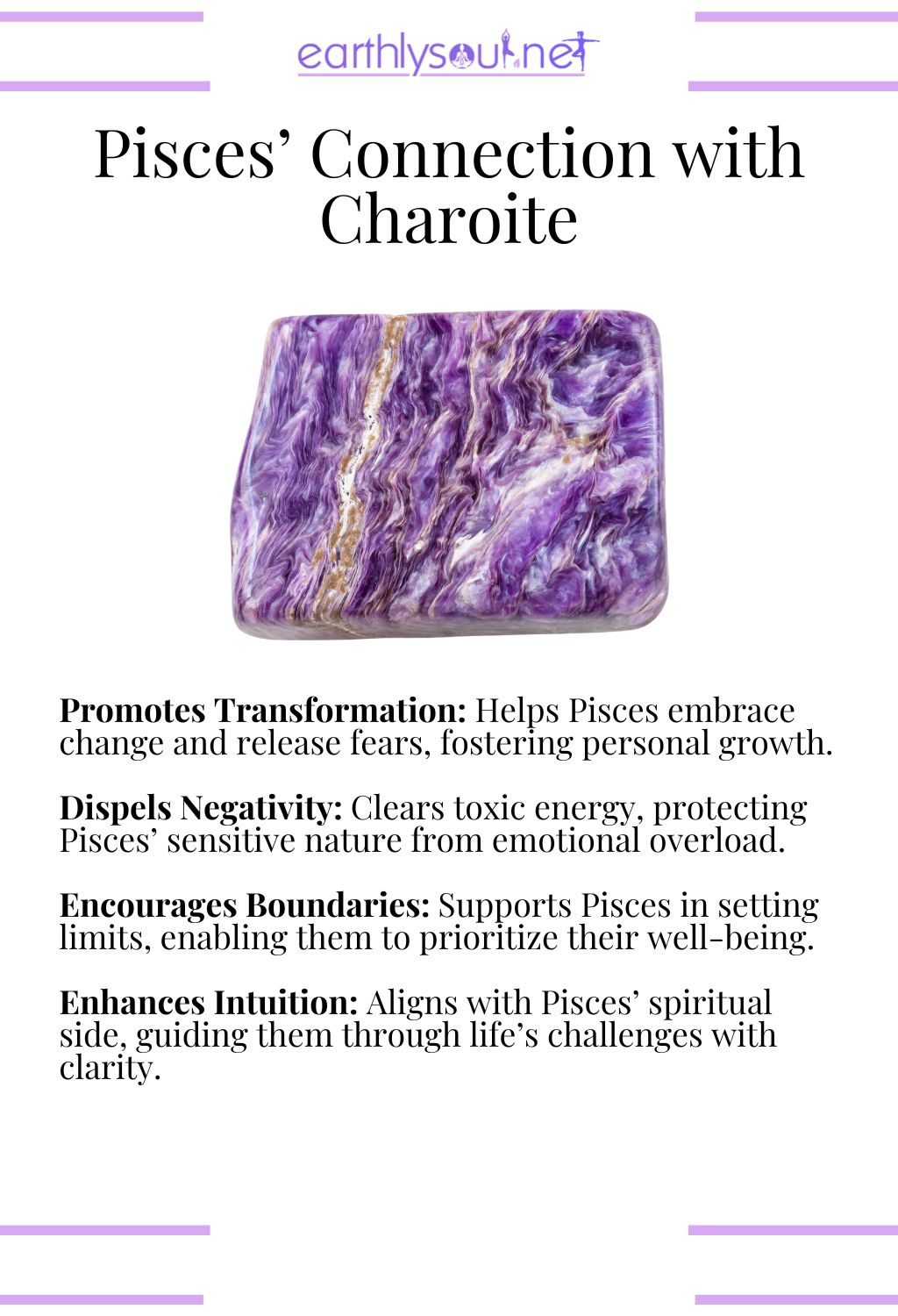 Charoite crystal, promoting transformation and dispelling negativity, perfect for pisces zodiac signs overcoming challenges.