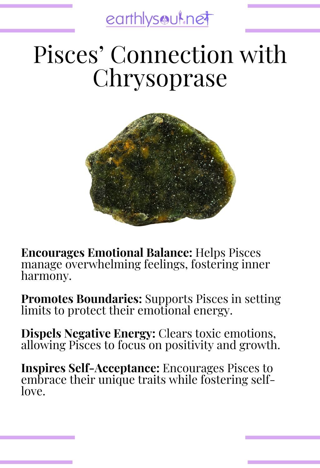 Chrysoprase crystal, encouraging emotional balance and promoting self-acceptance, perfect for pisces zodiac signs overcoming challenges.