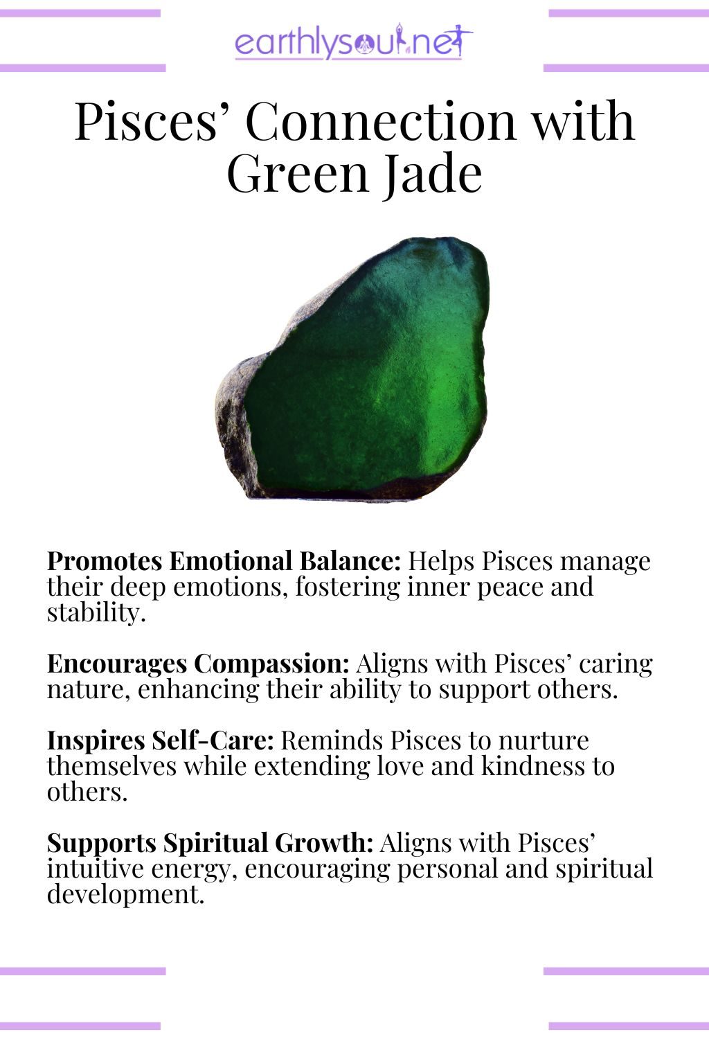 Green jade crystal, promoting emotional balance and inspiring self-care, ideal for pisces zodiac signs.