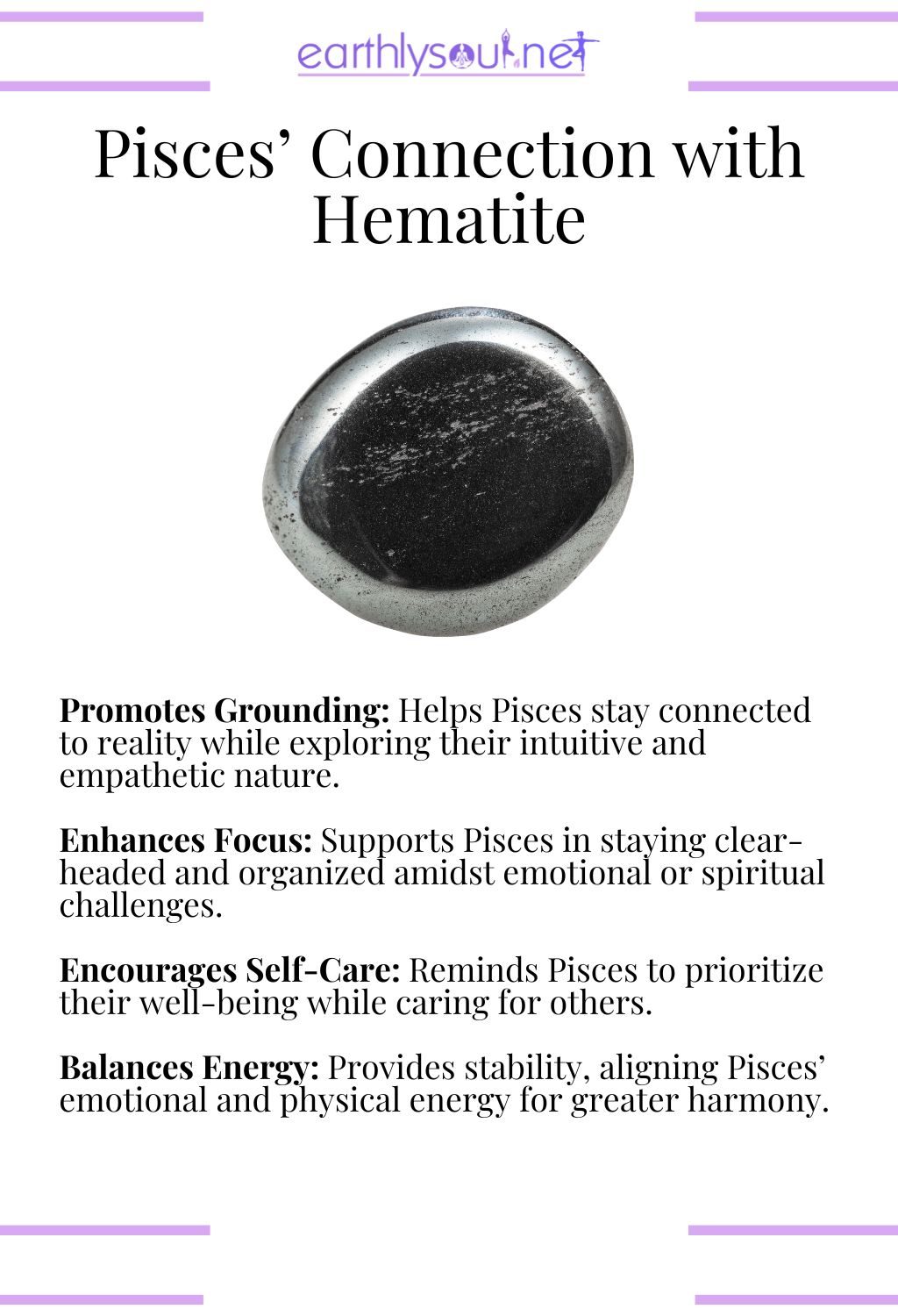 Hematite crystal, promoting grounding and enhancing focus, perfect for pisces zodiac signs.