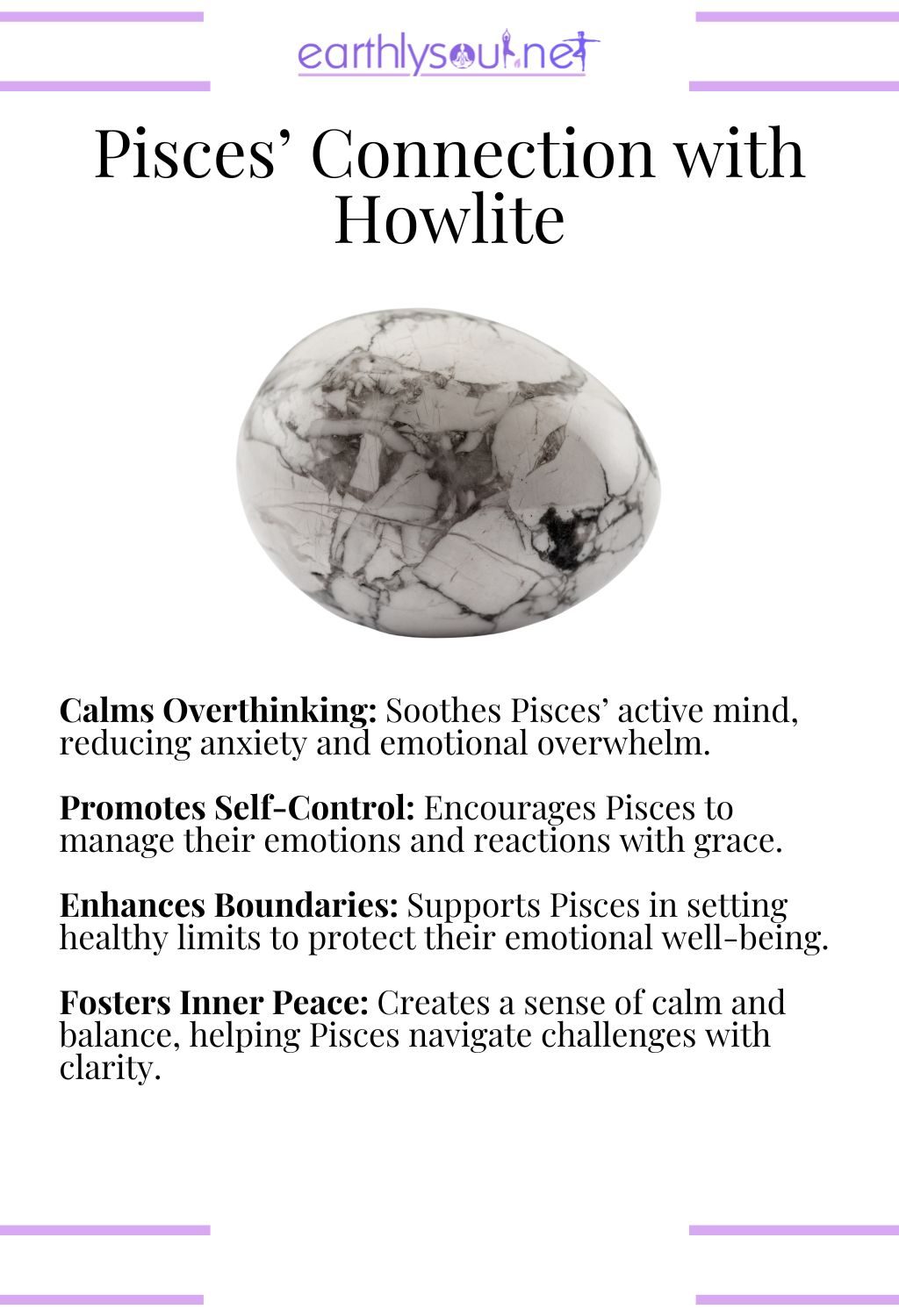 Howlite crystal, calming overthinking and promoting self-control, ideal for pisces zodiac signs overcoming challenges.