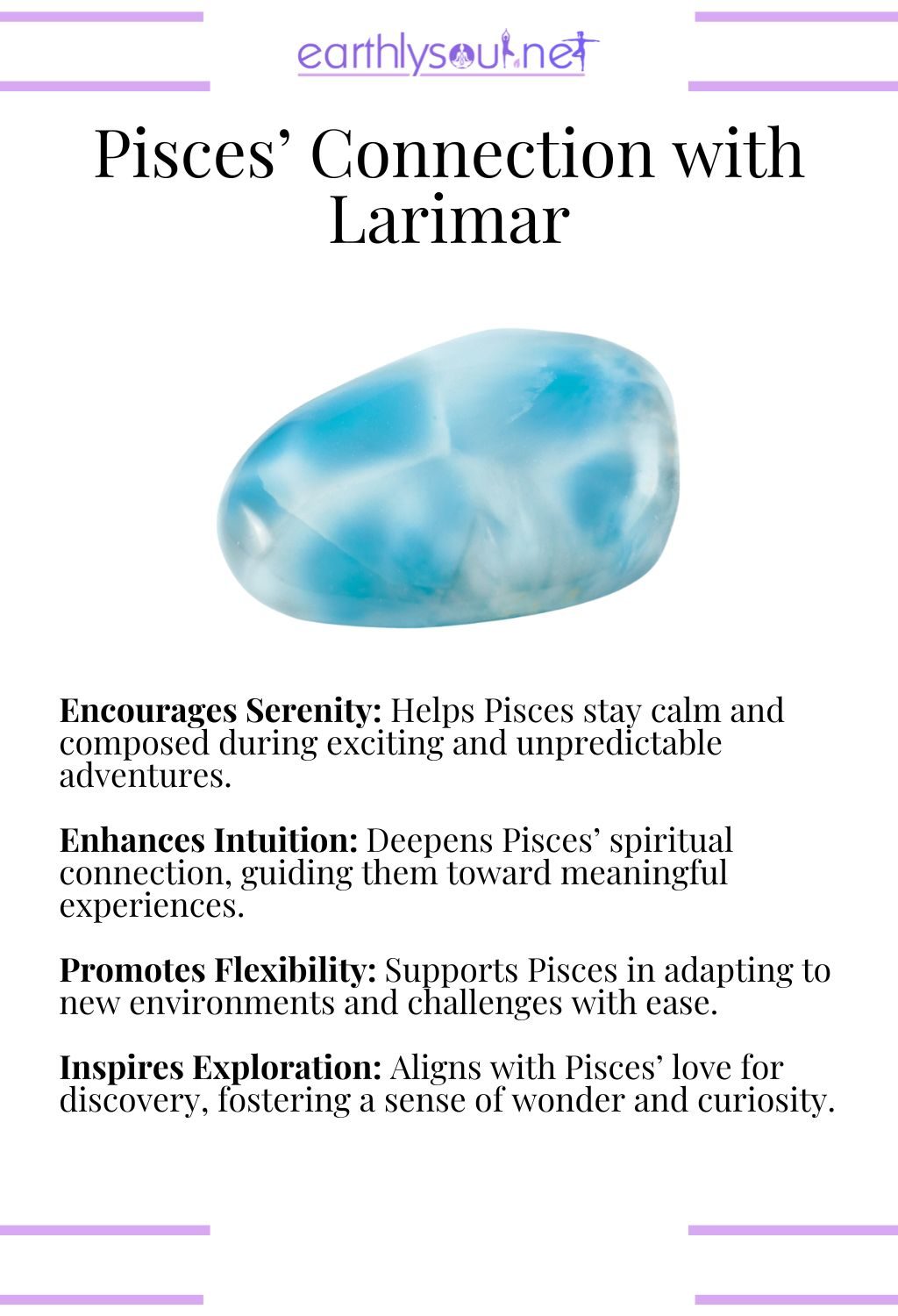 Larimar crystal, encouraging serenity and enhancing intuition, ideal for adventurous pisces zodiac signs.