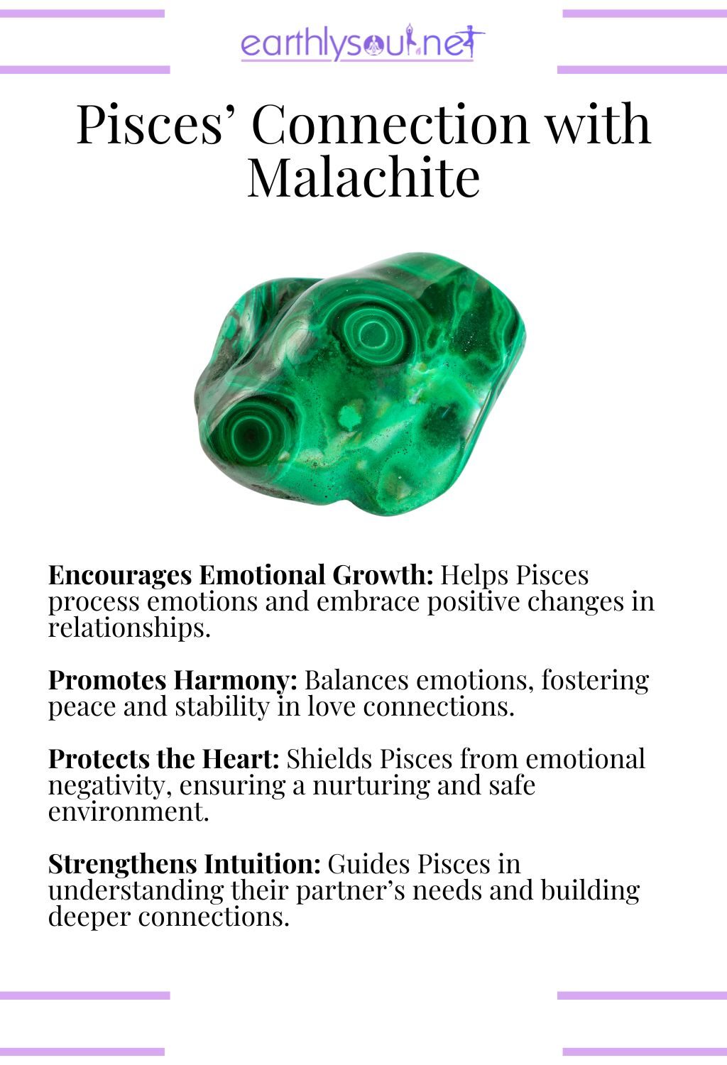 Malachite crystal, encouraging emotional growth and promoting harmony, perfect for pisces zodiac signs in relationships.