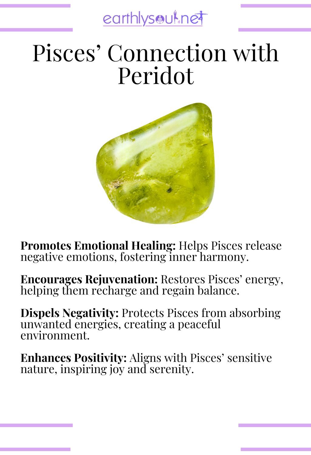 Peridot crystal, promoting emotional healing and dispelling negativity, ideal for pisces zodiac signs seeking inner peace.