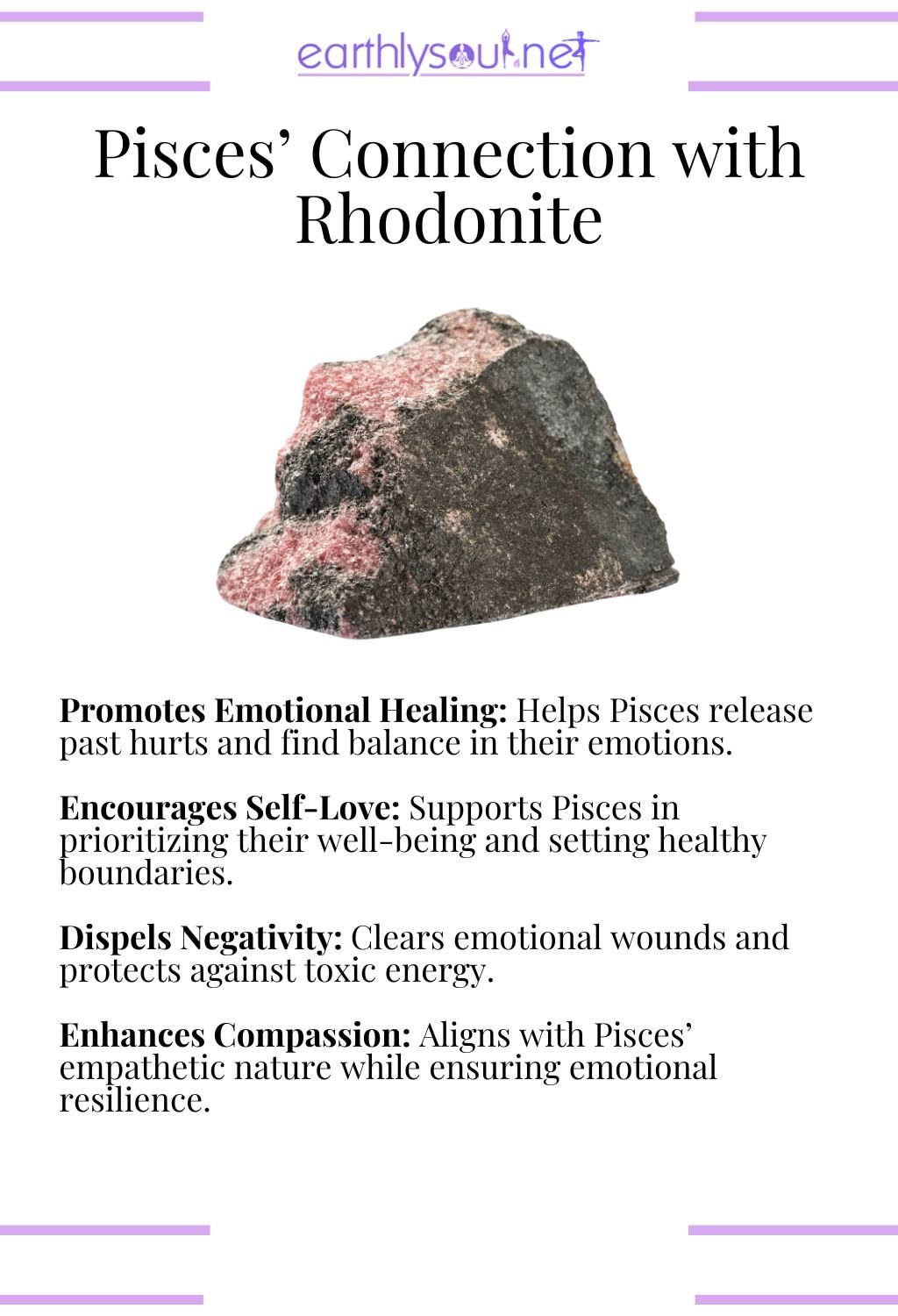 Rhodonite crystal, promoting emotional healing and self-love, ideal for pisces zodiac signs overcoming challenges.