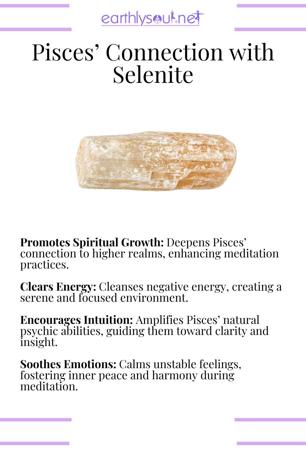 Selenite crystal, promoting spiritual growth and soothing emotions, ideal for pisces meditation.