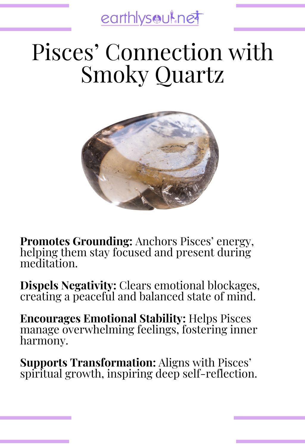 Smoky quartz crystal, promoting grounding and emotional stability, ideal for pisces meditation.
