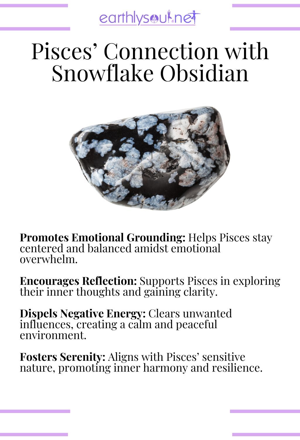 Snowflake obsidian crystal, promoting emotional grounding and dispelling negativity, ideal for pisces zodiac signs seeking inner peace.
