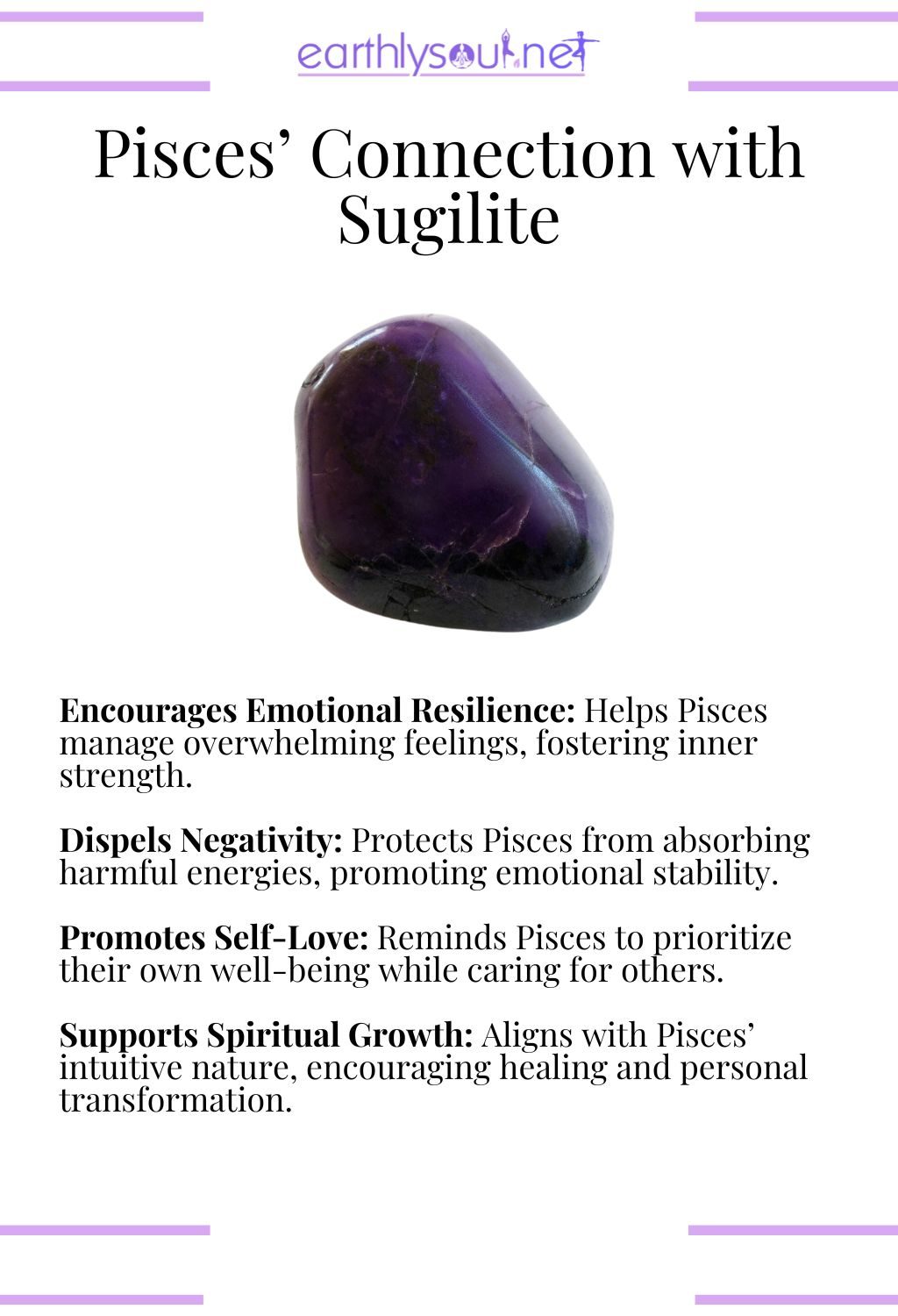 Sugilite crystal, encouraging emotional resilience and promoting self-love, perfect for pisces zodiac signs overcoming challenges.