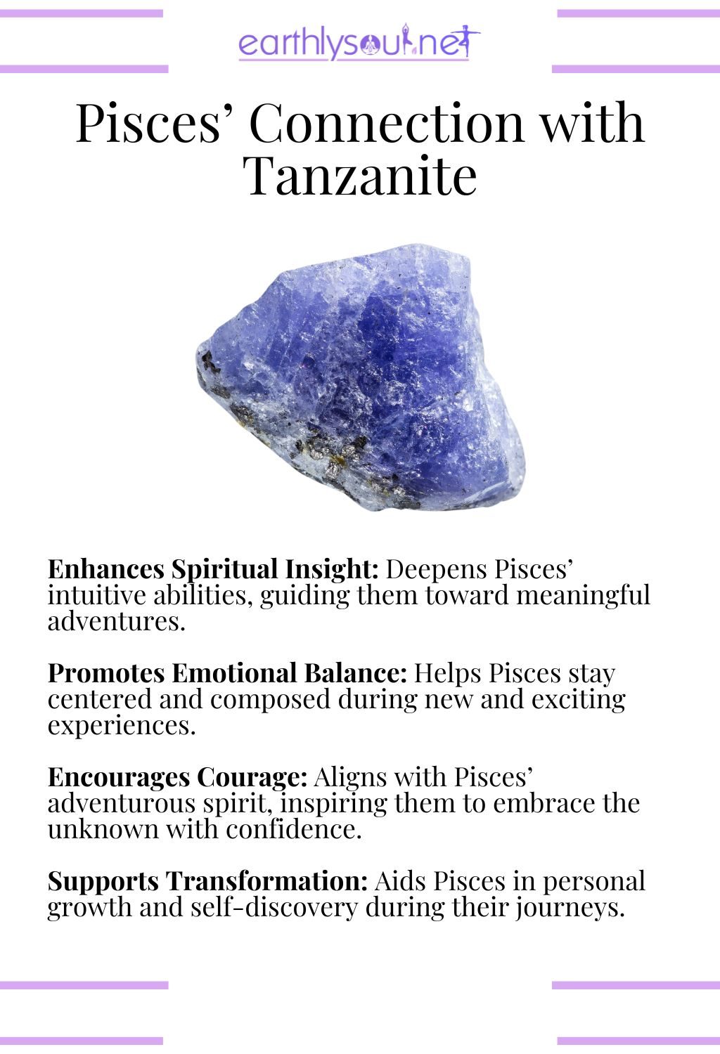 Tanzanite crystal, enhancing spiritual insight and promoting emotional balance, perfect for adventurous pisces zodiac signs.