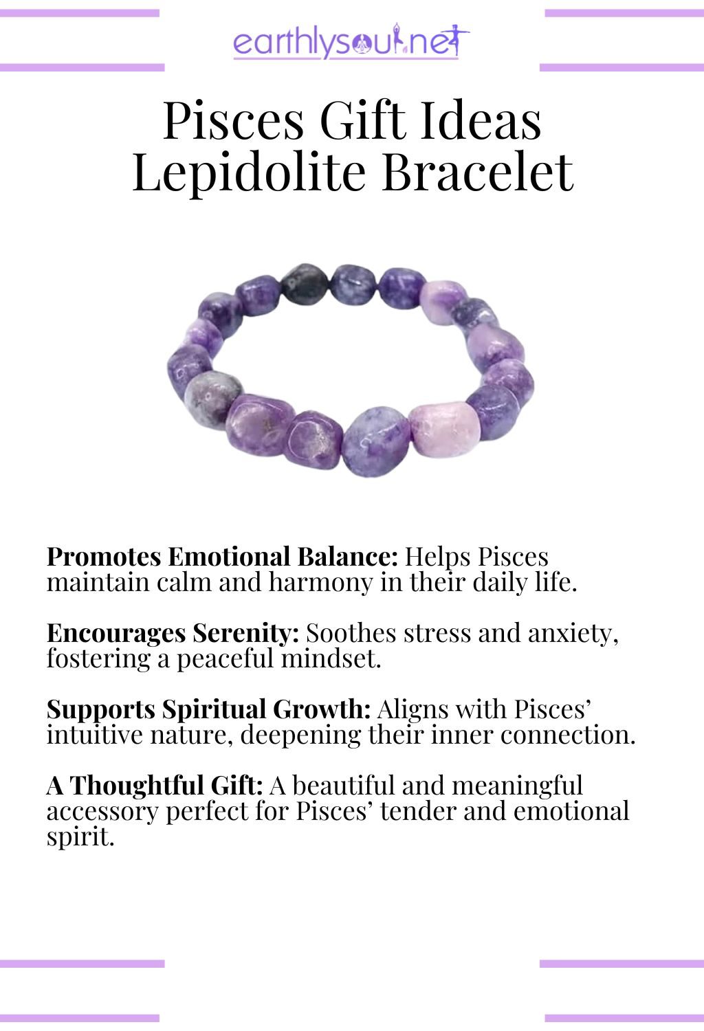 Lepidolite bracelet, promoting emotional balance and serenity, ideal as a thoughtful gift for pisces zodiac signs.