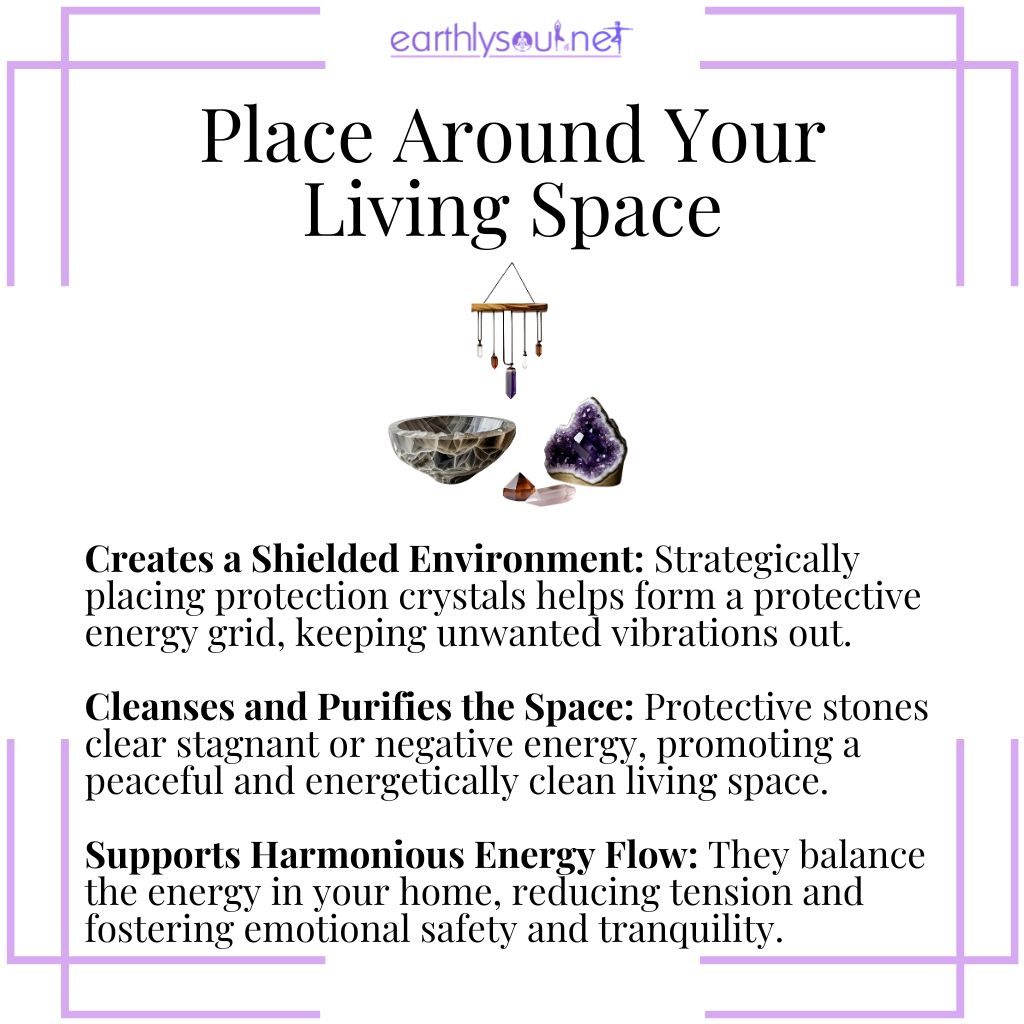 Protection crystals placed in the home to block negativity, purify energy, and promote peaceful living spaces.