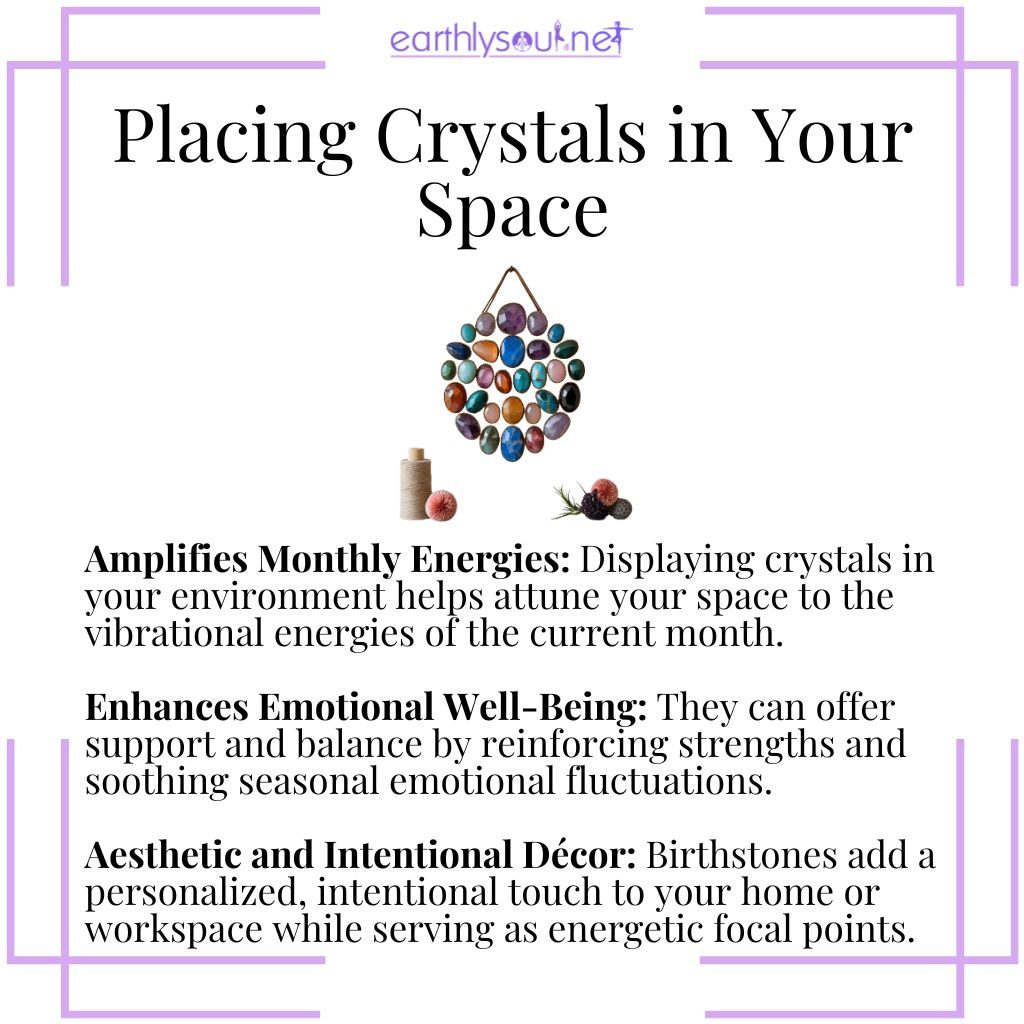 Birthstones placed in living spaces to amplify monthly energies, enhance emotional balance, and add personalized crystal décor