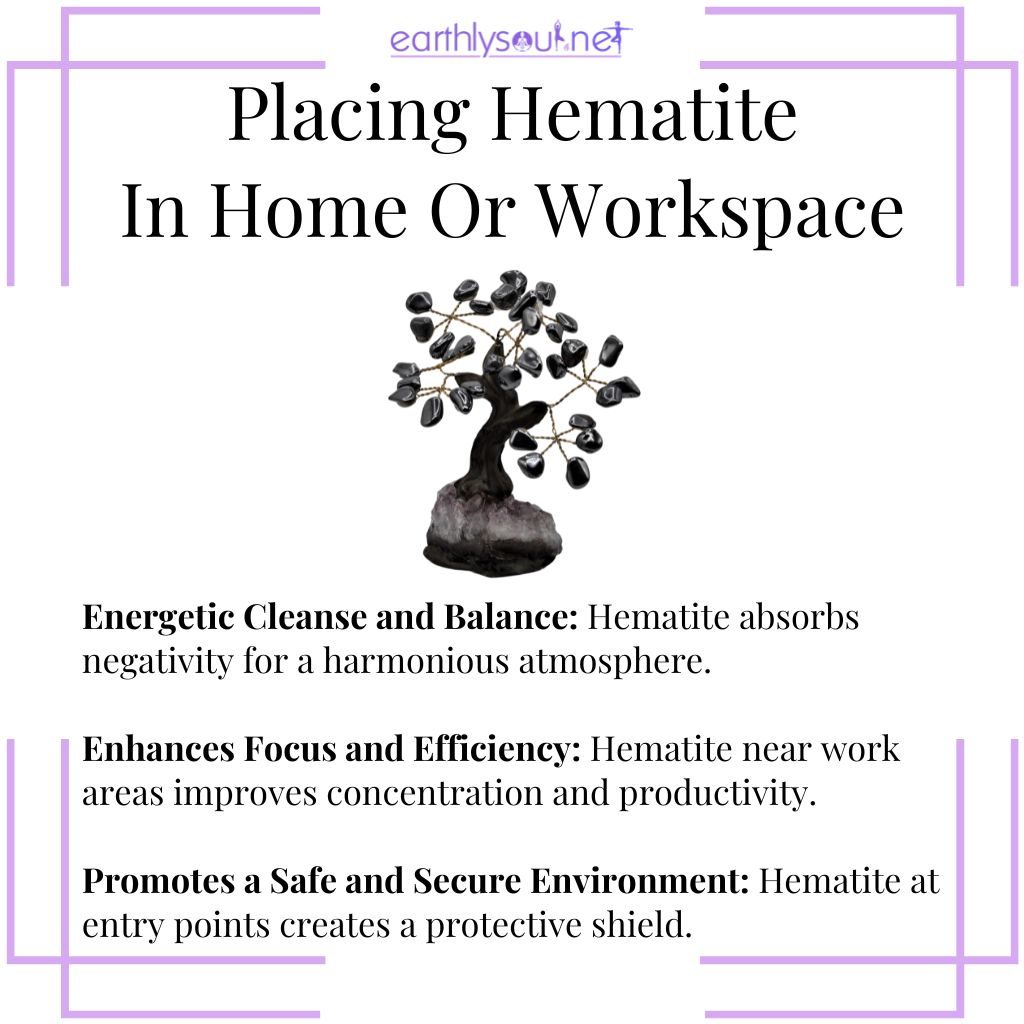 Hematite in home/workspace for energetic balance, enhanced focus, and promoting a secure environment