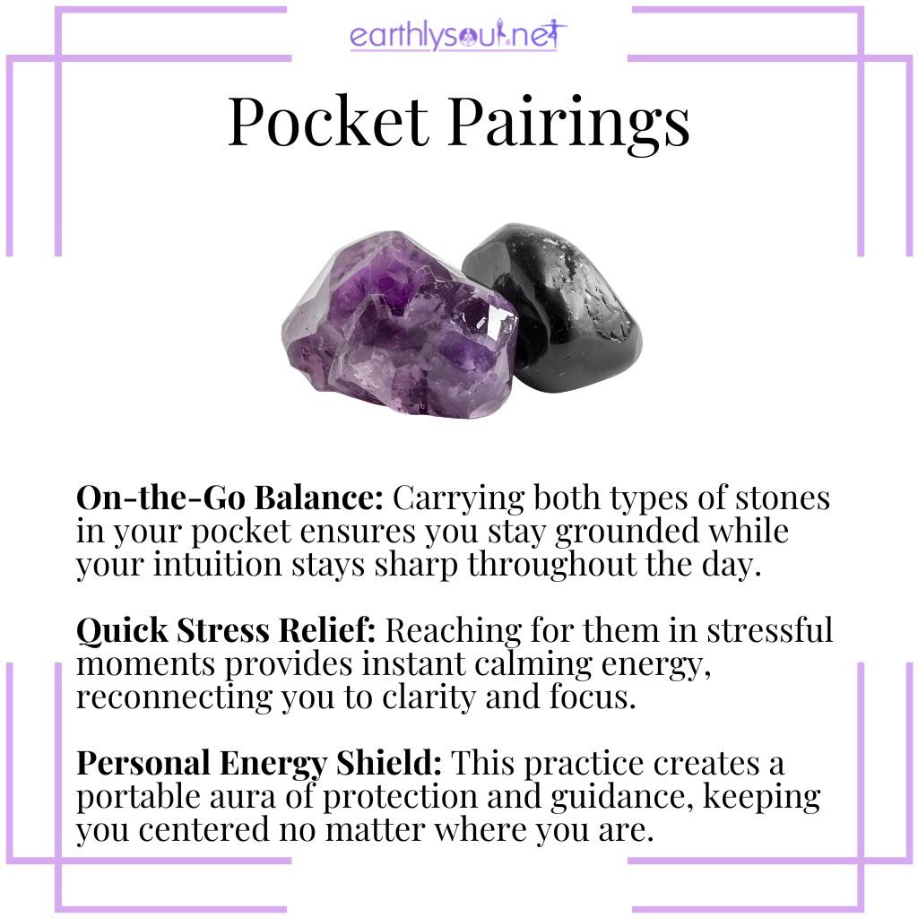Carrying intuition crystals and grounding stones in pocket for balance, stress relief, and portable protective energy