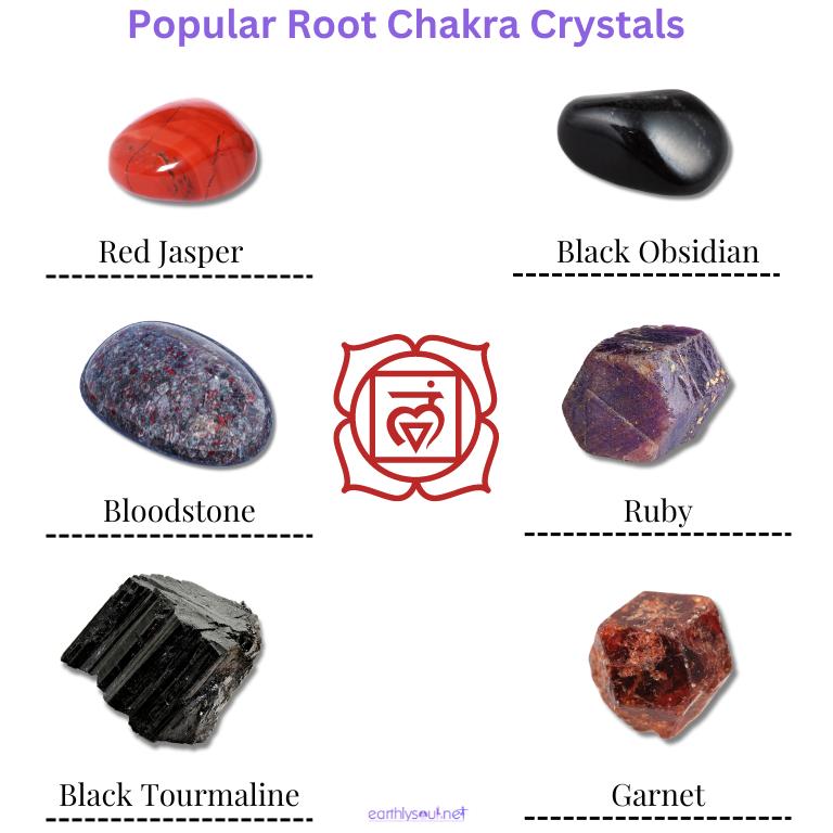 Popular root chakra crystals showing red jasper, black obsidian, bloodstone, ruby, black tourmaline and garnet