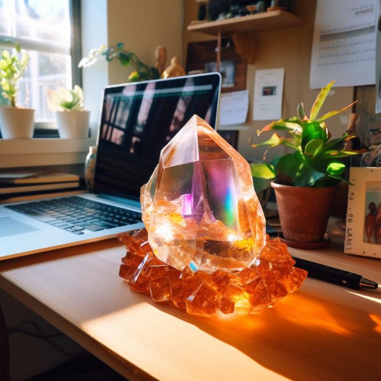 Photo of a home office workspace with crystal at forefront