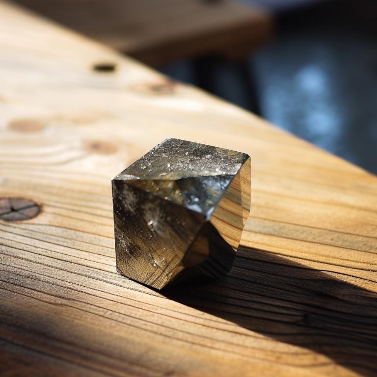 Pyrite crystal on a wooden surface