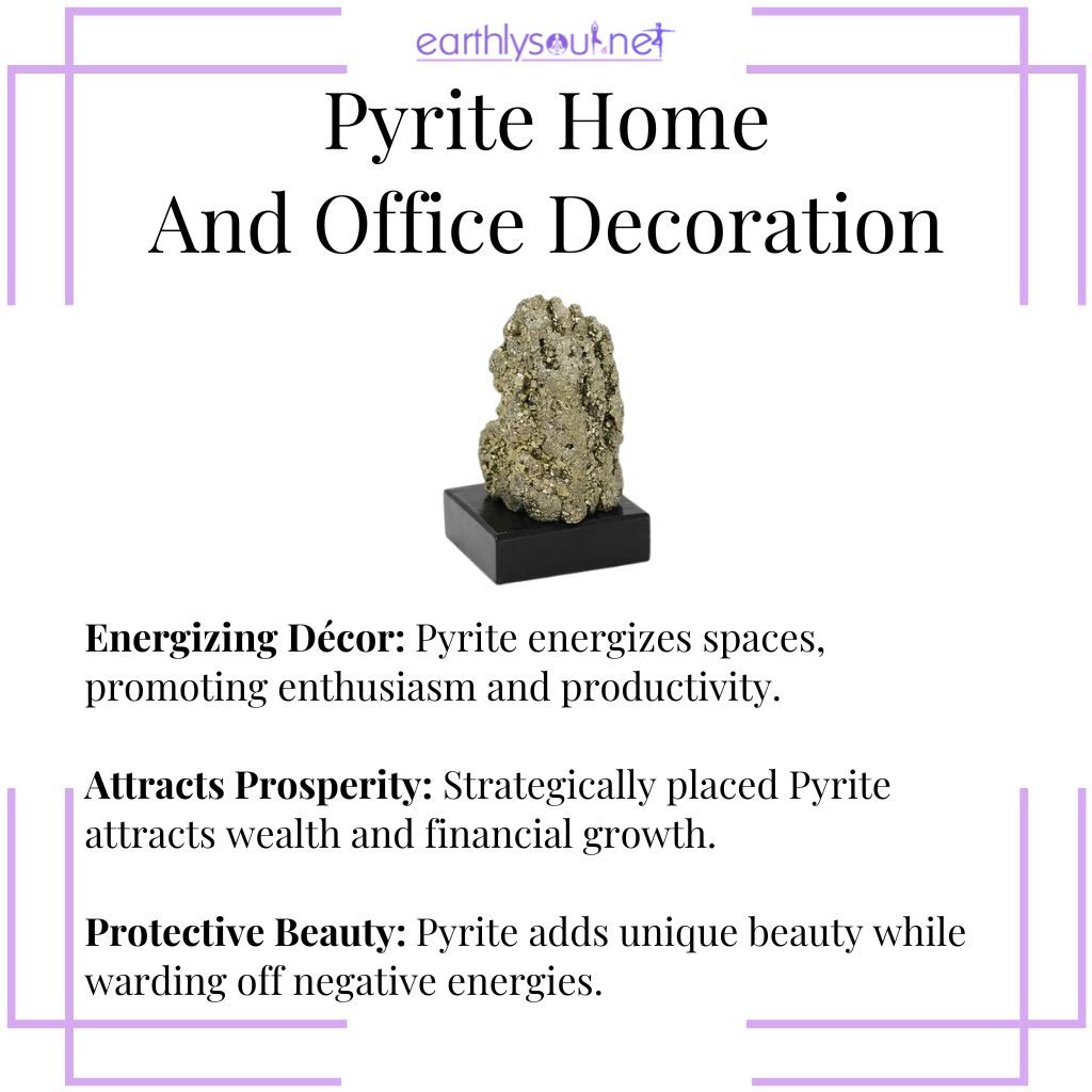 Pyrite in décor energizes spaces, attracts prosperity, and offers both aesthetic appeal and protection