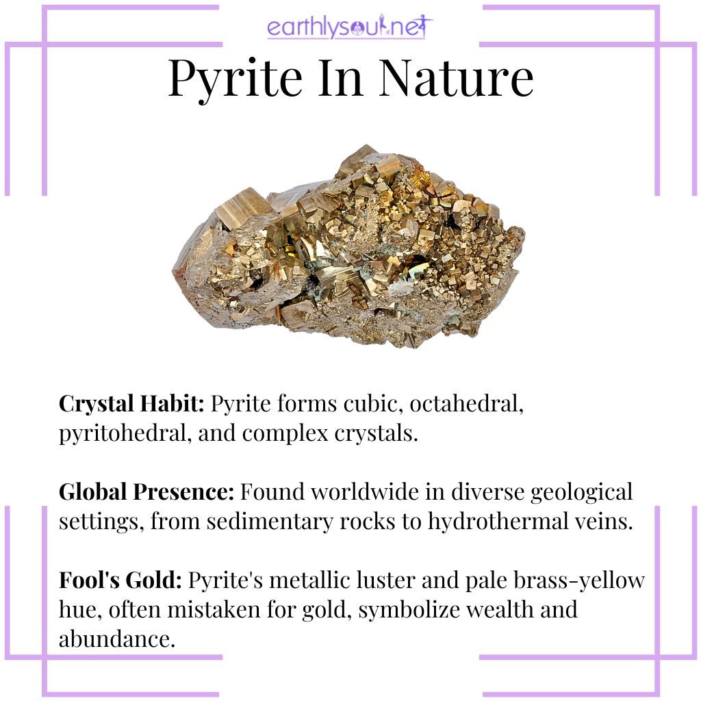 Natural pyrite showing cubic crystals, its global occurrence, and its resemblance to gold, known as 'fool's gold
