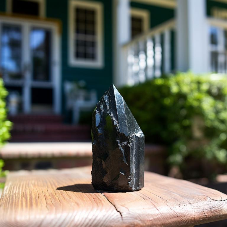 A photo of a raw black tourmaline sitting at front of a house on the porch