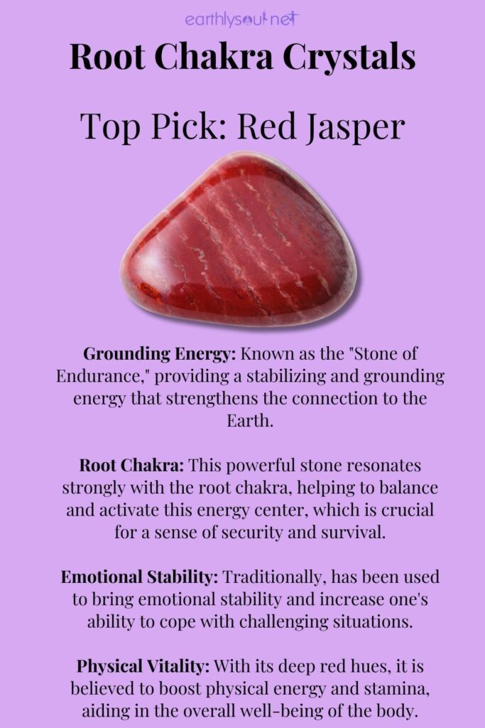 Featured root chakra crystal red jasper, highlighting its grounding energy, resonance with the root chakra, emotional stability, and physical vitality