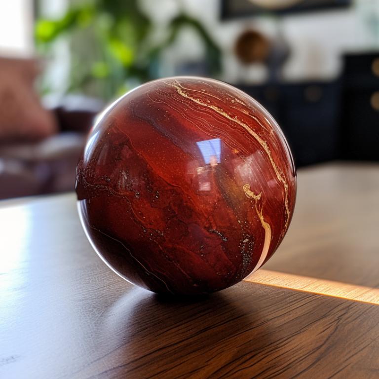 A red jasper sphere on a coffee table