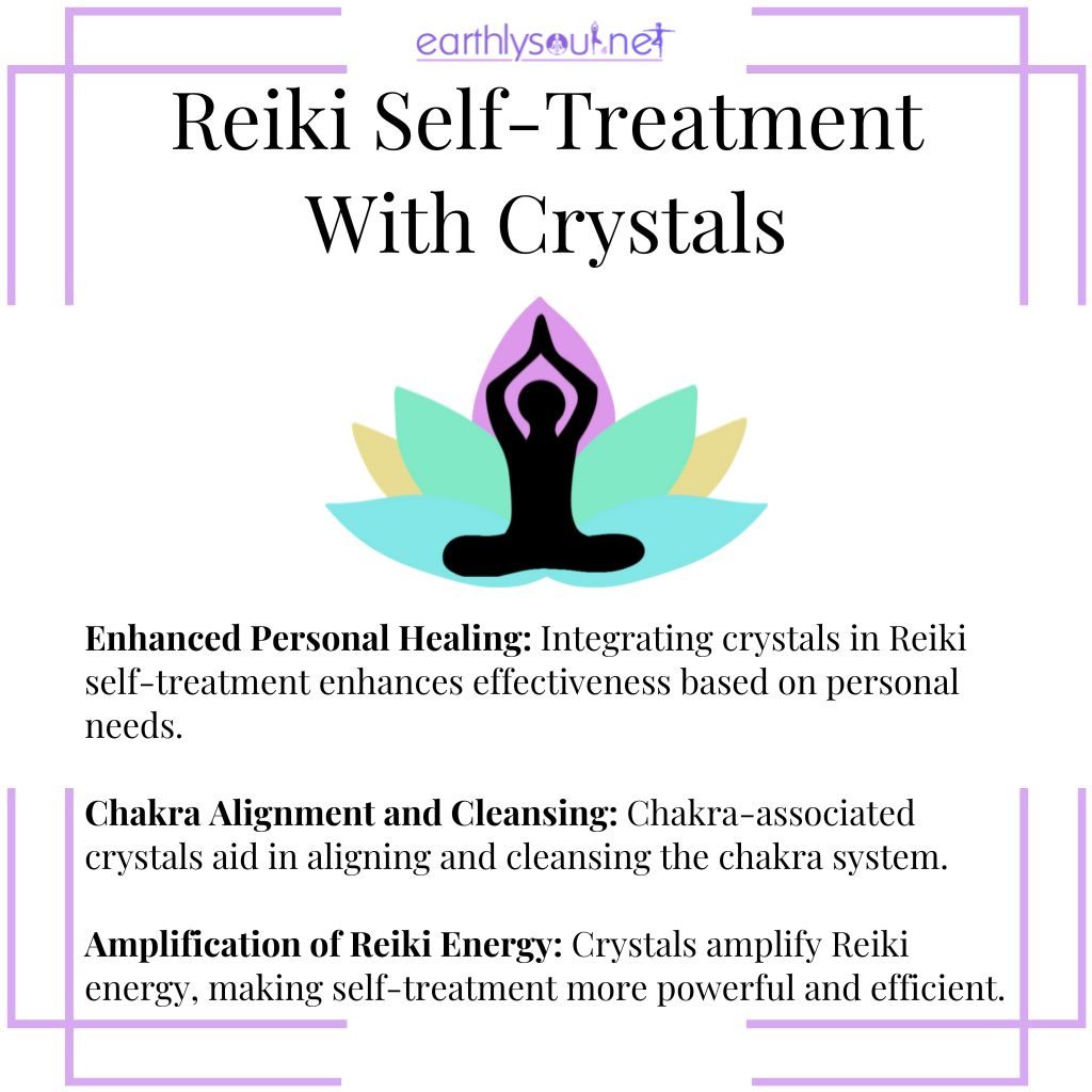 Reiki self-treatment with crystals for enhanced healing, chakra cleansing, and amplification of energy