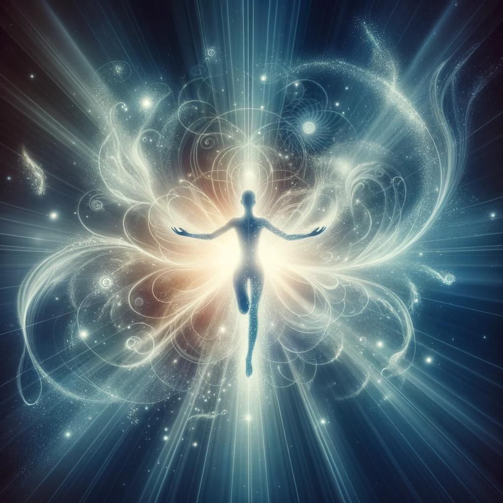 Ethereal illustration of a silhouette in a dynamic pose