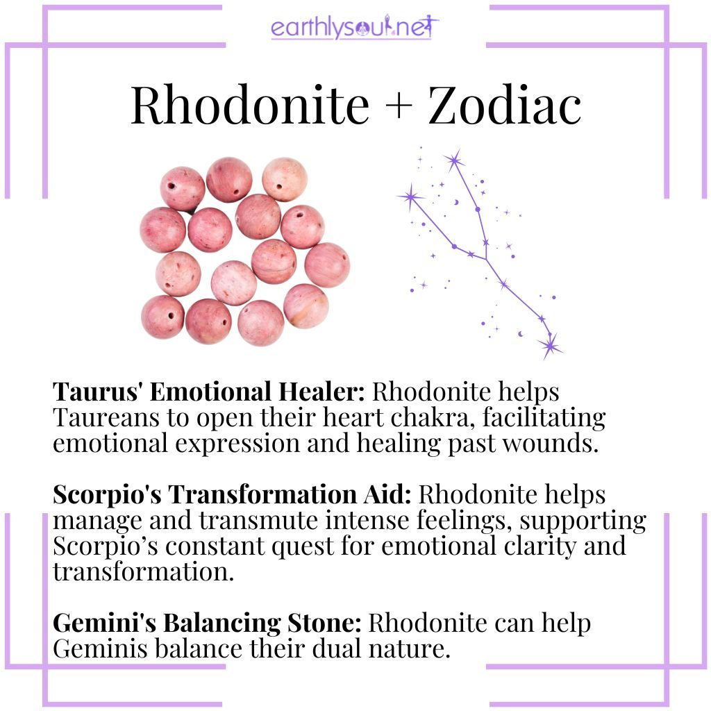 Rhodonite supports taurus' emotional healing, aids scorpio's transformation, and balances gemini's dual nature.