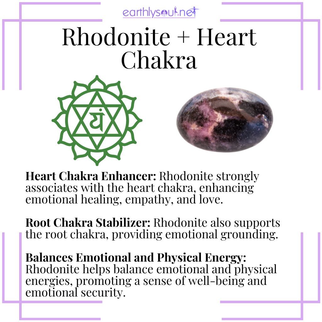 Rhodonite enhances the heart chakra, stabilizes the root chakra, and balances emotional and physical energy.