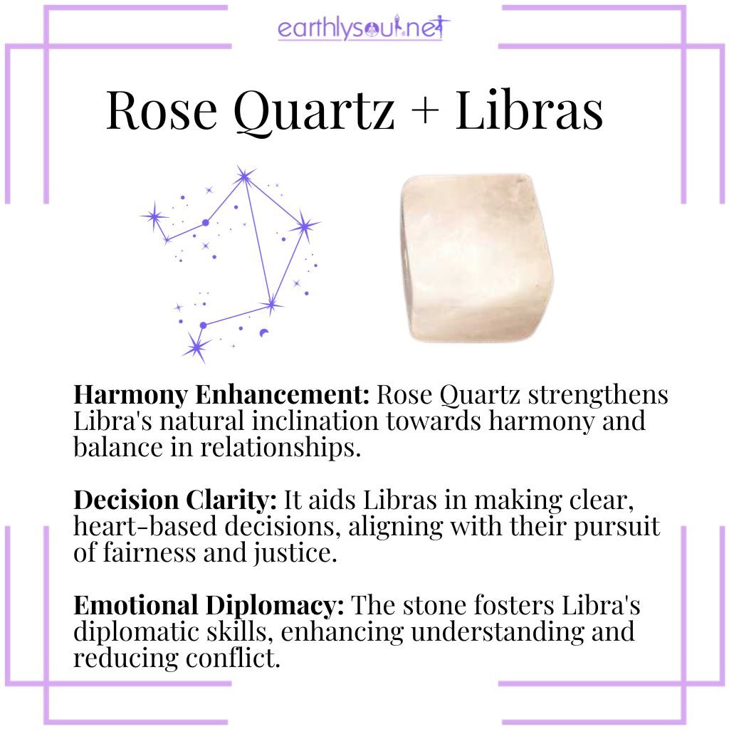 Rose quartz crystal aligning with libra traits, enhancing harmony aiding decision making, and promoting emotional diplomacy