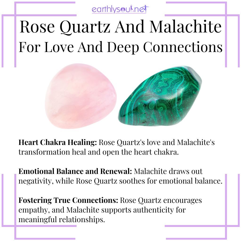 Amethyst and citrine synergy for transformation, balancing energy, and manifesting miracles rose quartz and malachite healing the heart chakra, balancing emotions, and fostering authentic connections