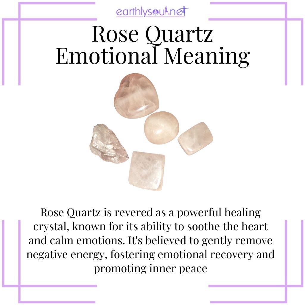 Image of rose quartz crystal, emphasizing its healing properties in soothing the heart, calming emotions, and promoting inner peace