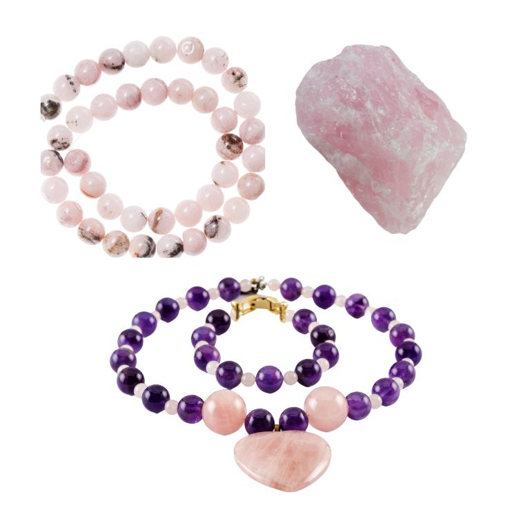 Rose quartz bracelet, necklace and stone