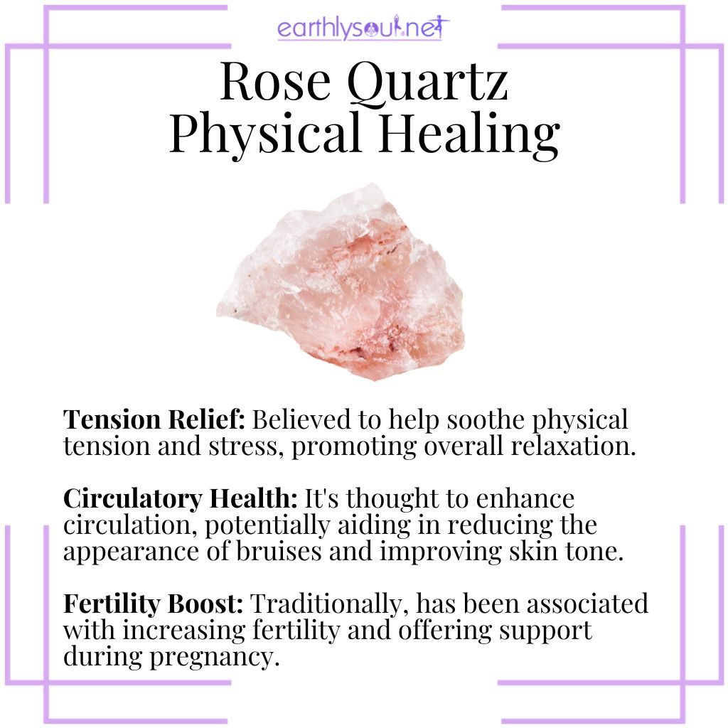 Rose quartz crystal highlighting its benefits in relieving tension, enhancing circulatory health and boosting fertility