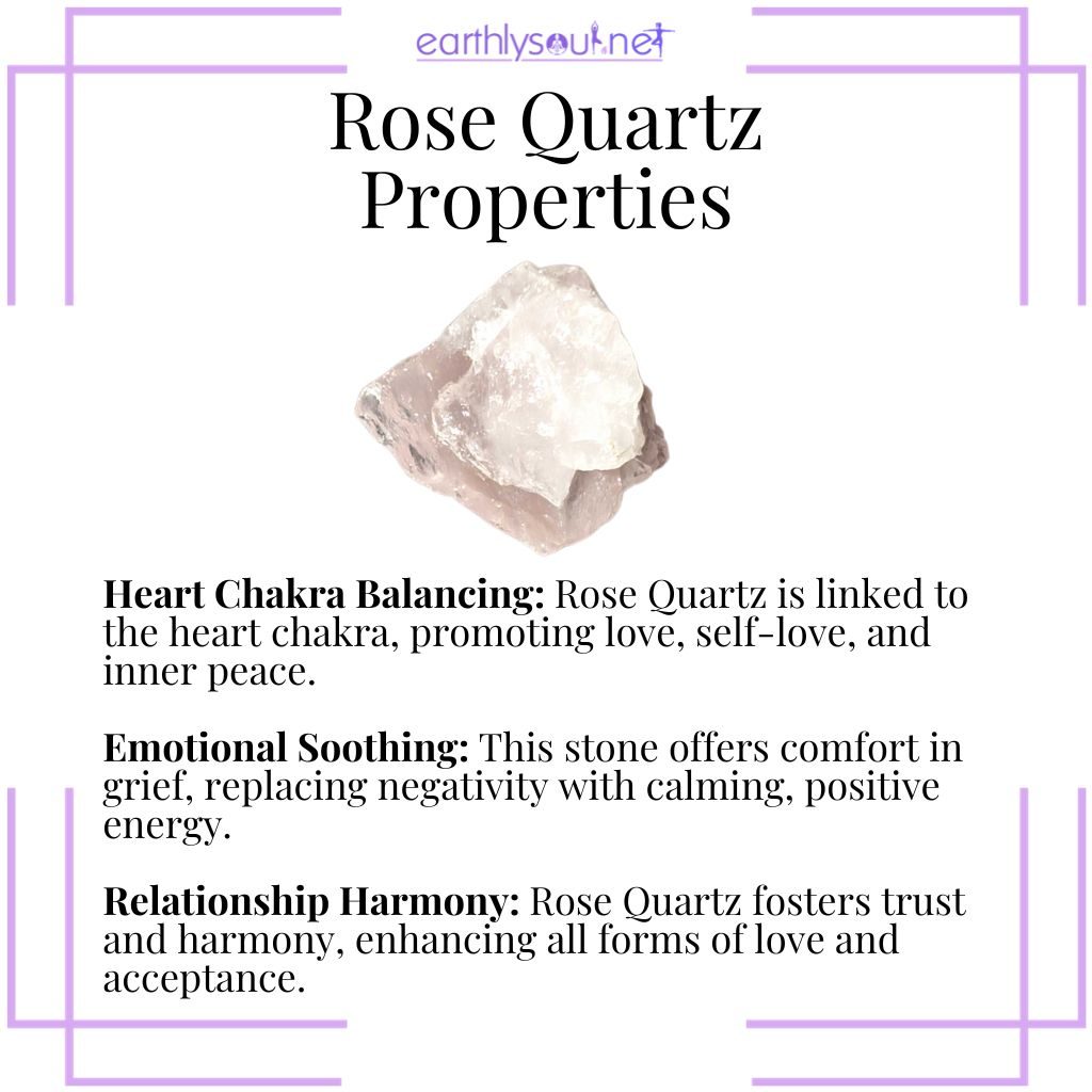 Rose quartz crystal image depicting its heart chakra balancing, emotional soothing, and relationship harmony properties.