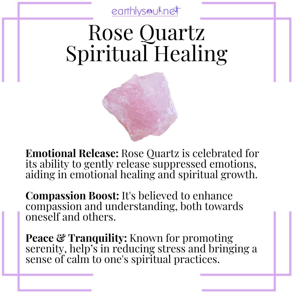 Image of rose quartz highlighting its emotional healing powers, enhancing compassion, and promoting peace and tranquility in spiritual practices