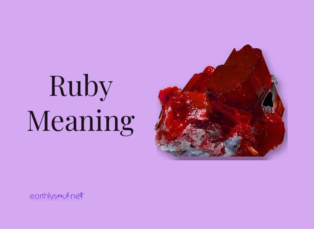 Ruby meaning title beside a rough red ruby crystal on a lilac background
