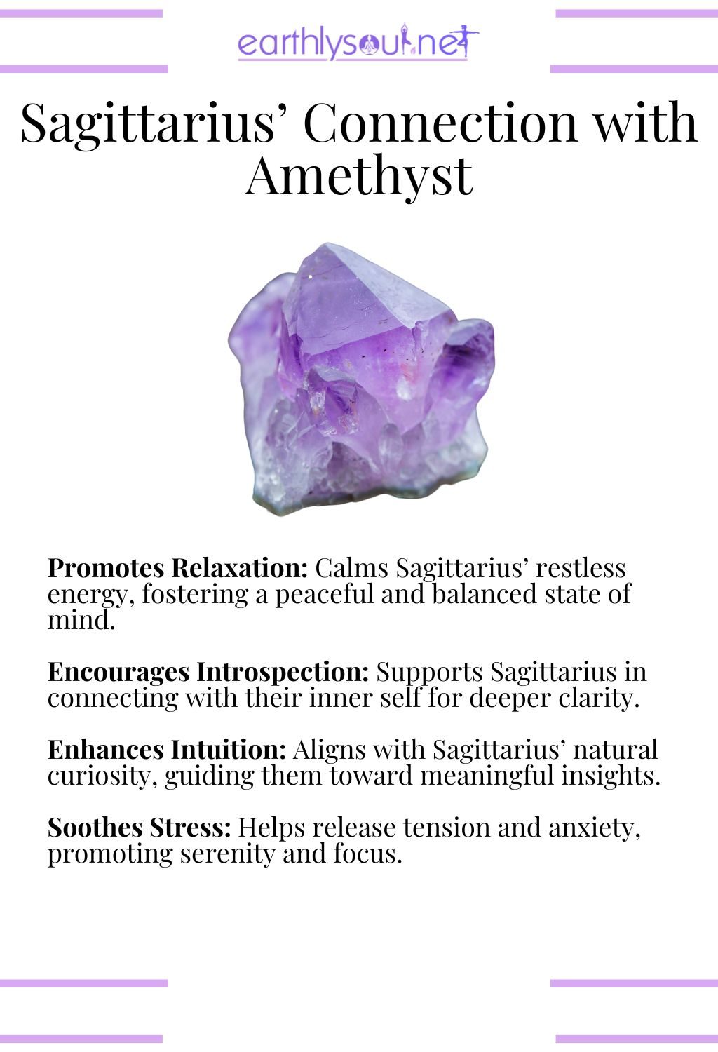 Amethyst crystal, promoting relaxation and enhancing intuition, ideal for sagittarius zodiac signs seeking inner peace.