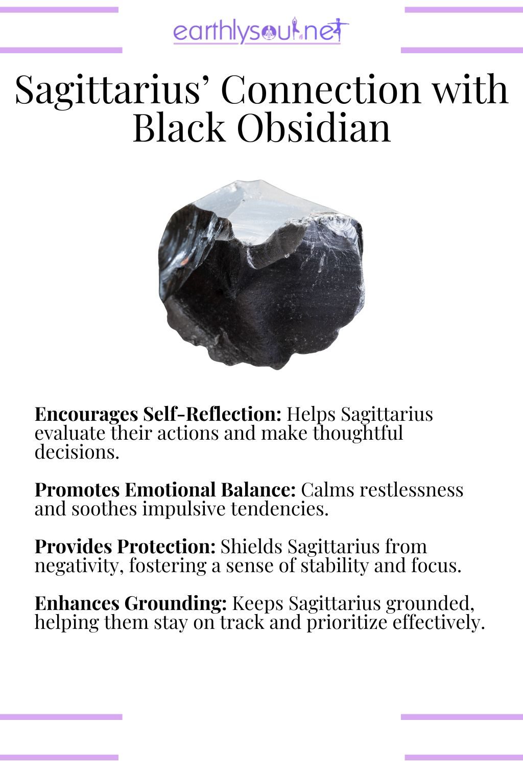 Black obsidian crystal, encouraging self-reflection and promoting emotional balance, ideal for sagittarius zodiac signs overcoming challenges.