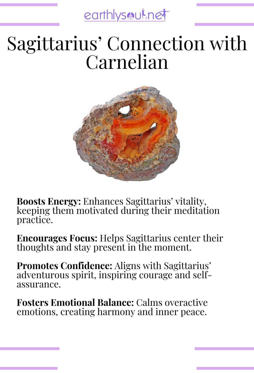 Carnelian crystal, boosting energy and promoting focus, ideal for sagittarius meditation.
