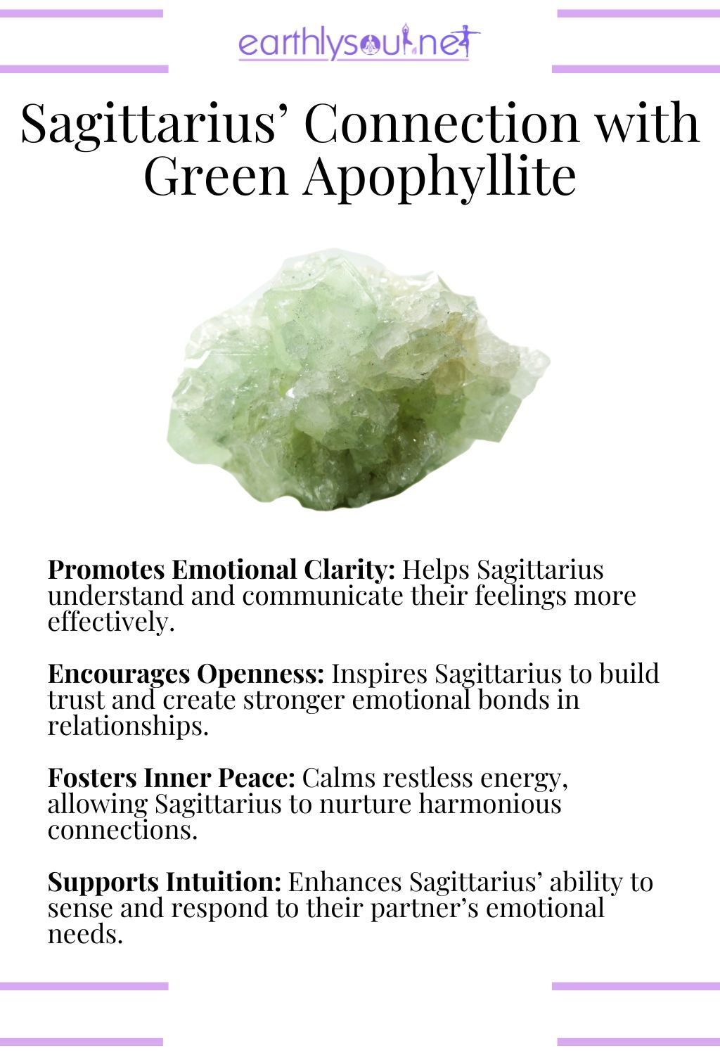 Green apophyllite crystal, promoting emotional clarity and fostering inner peace, perfect for sagittarius zodiac signs in relationships.