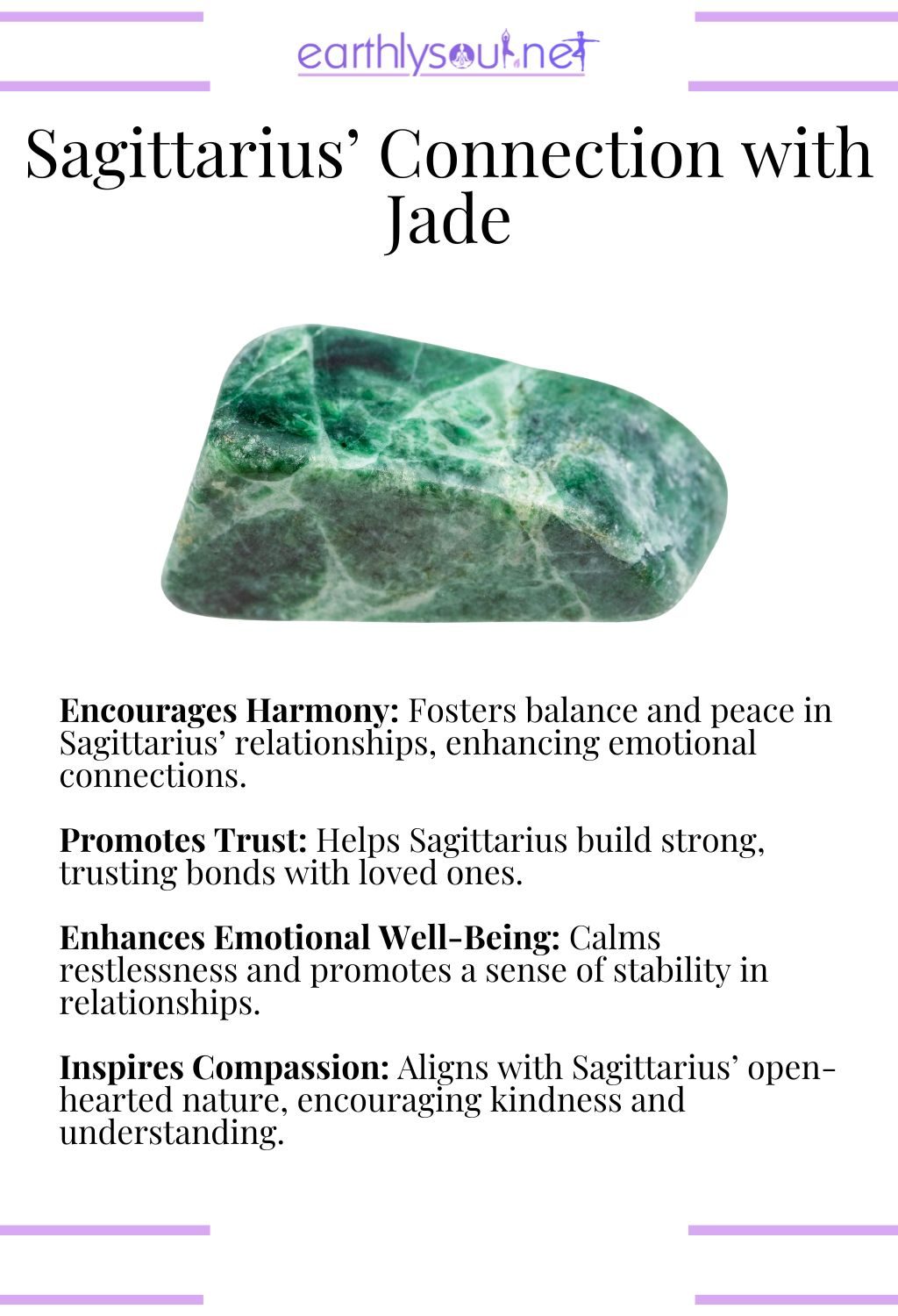 Jade crystal, encouraging harmony and promoting trust, perfect for sagittarius zodiac signs in relationships.