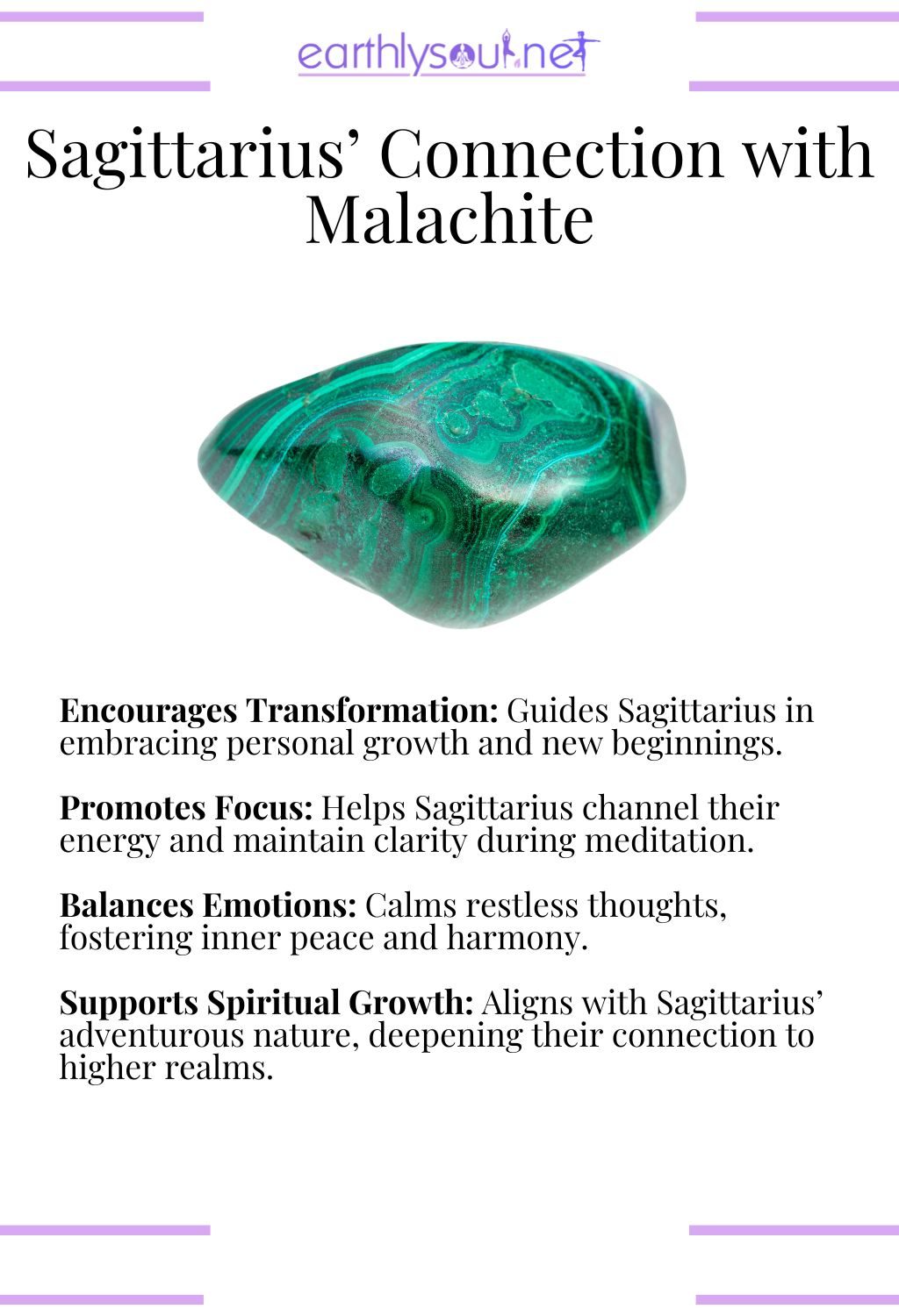 Malachite crystal, encouraging transformation and promoting focus, ideal for sagittarius meditation.