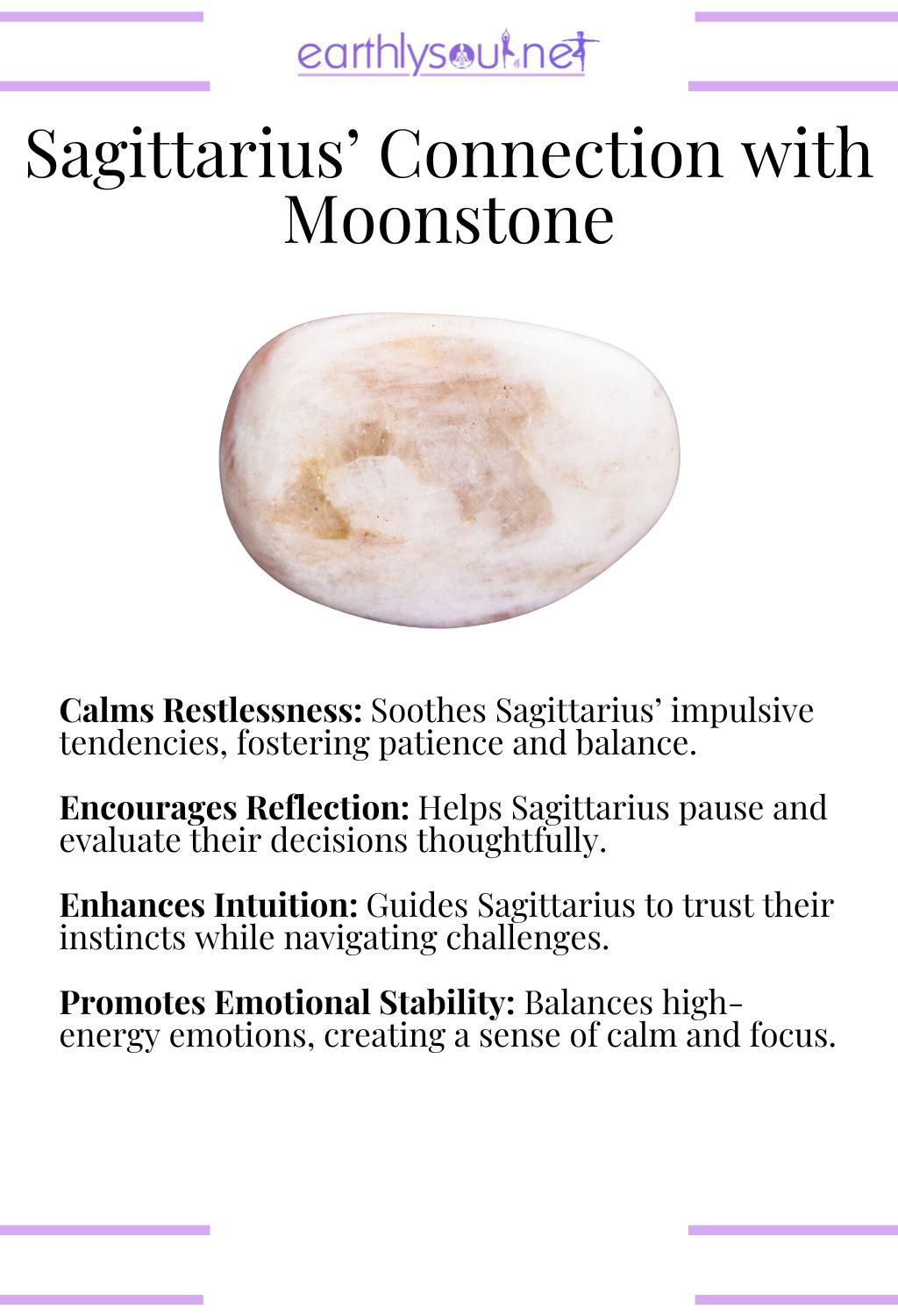 Moonstone crystal, calming restlessness and enhancing intuition, ideal for sagittarius zodiac signs overcoming challenges.